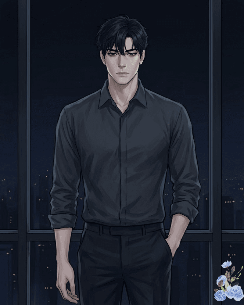 Gideon, a tall man with dark hair in a dark shirt, standing in front of a night city skyline