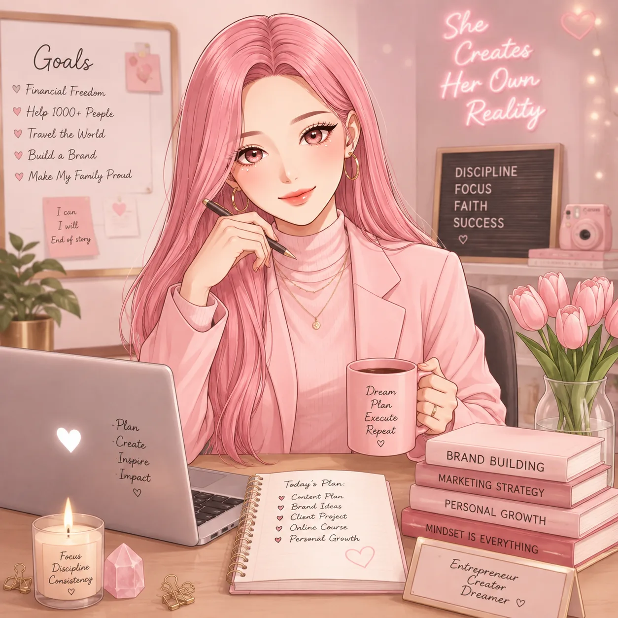 Illustration of Darcie at her pink desk with a laptop, planner and coffee