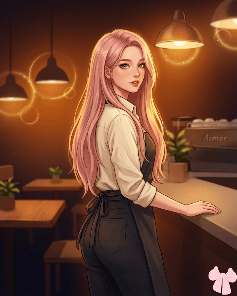 Ava, a young woman with long pink hair and green eyes, in her café apron